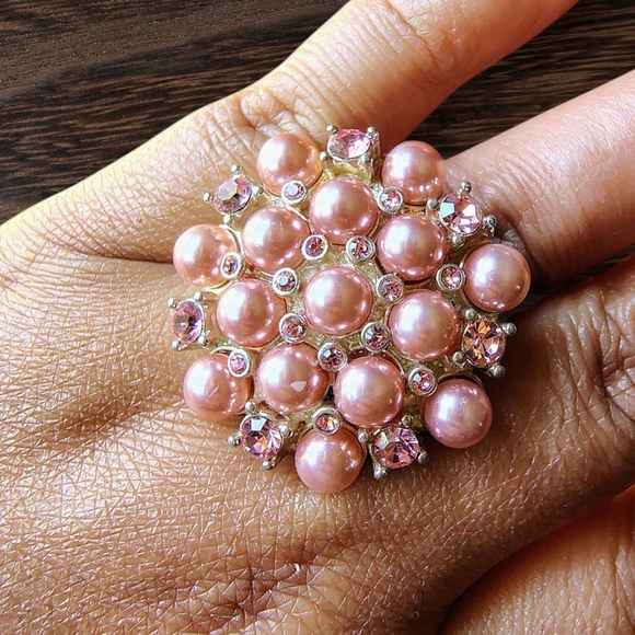 90s Vintage  Pink Faux Pearl & Rheinstone Adjustable Ring - Picture 6 of 8